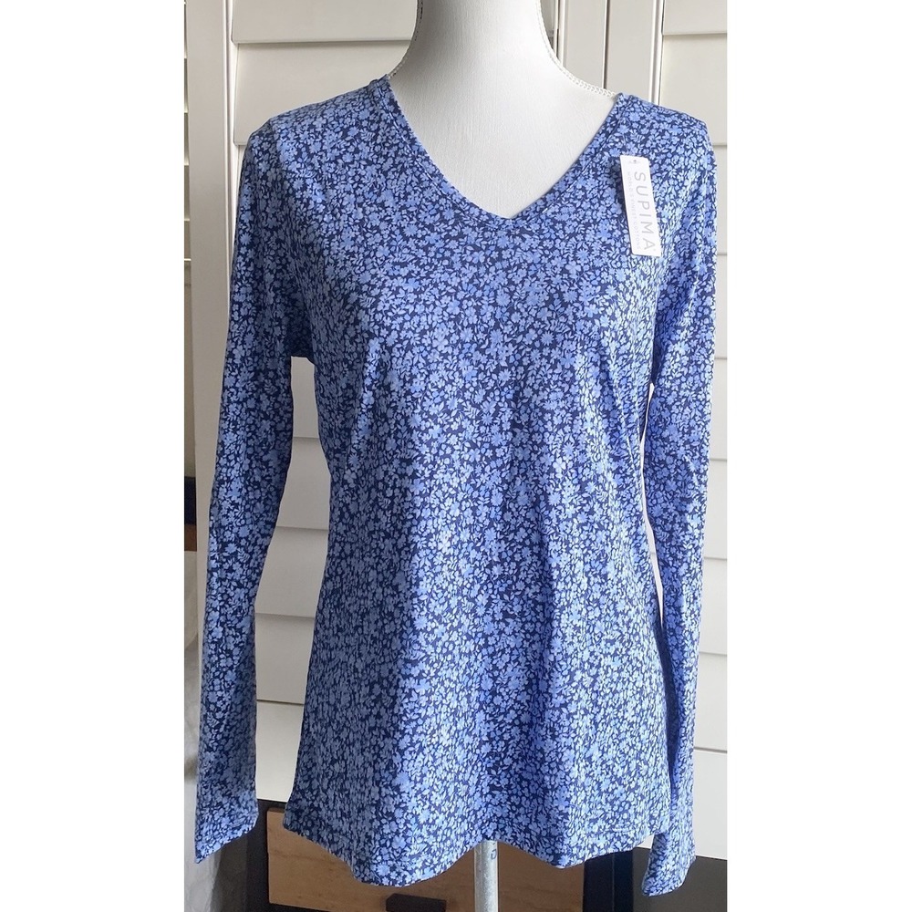 NWT Lands' End Supima Cotton Long Sleeve V-Neck T-Shirt Women S Tall Ditzy Blue - Picture 1 of 12